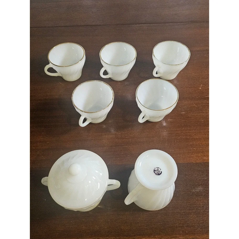 Fire-King Tea Set Home OS White Swirl Milk Glass Gold Rim 7pc Set
